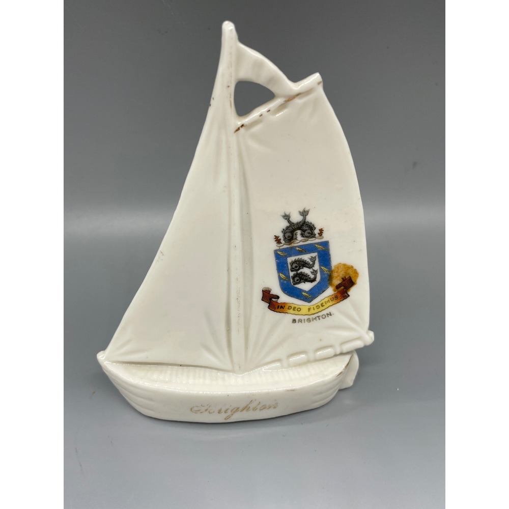 Vintage Brighton Ceramic Sailboat Figurine In Deo Fidemus Coat of Arms 3482 rare